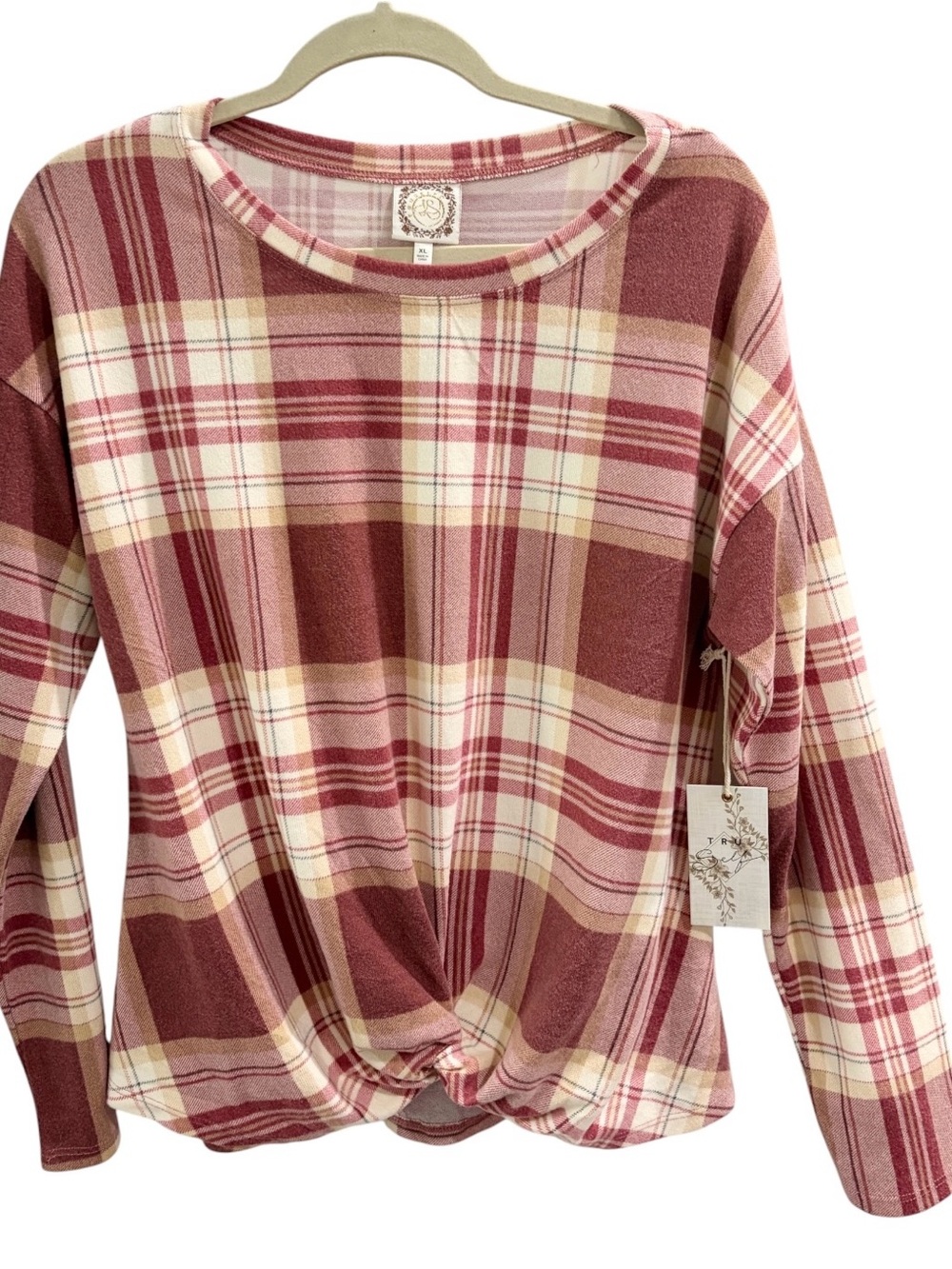Tru Self Plaid Twist-Front Long Sleeve Top - Salmon/Cream. SO SOFT! XL NWT.